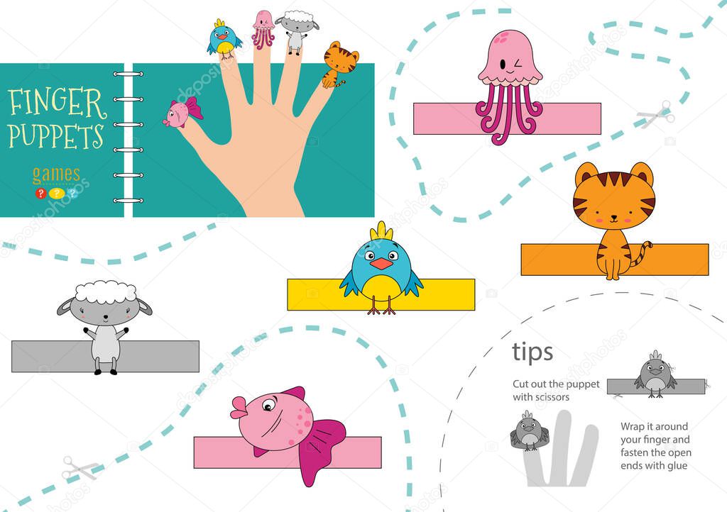 Vector animals as finger puppets. Cut and glue activity for preschool kids. Cute paper jellyfish, tiger, sheep