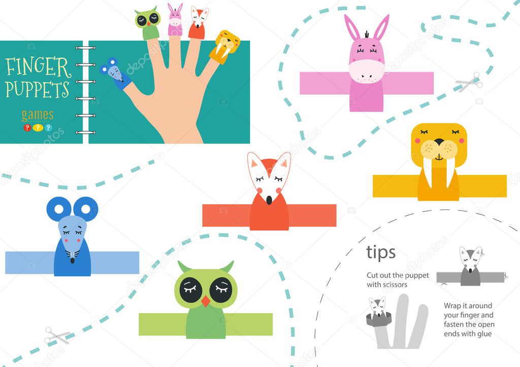 Finger puppet vector animals. Cut and glue educational worksheet with donkey, mouse, owl for little children. Collection of hand puppets for children show