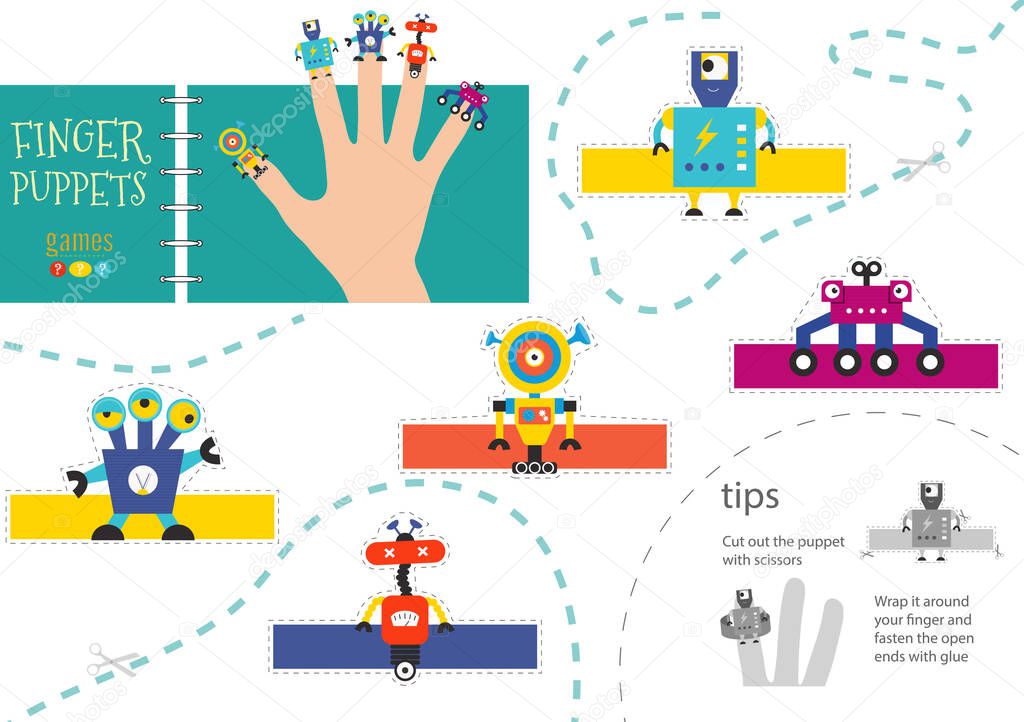 Finger puppet vector robots. Cut and glue educational illustration for little children. Collection of hand puppets for children show