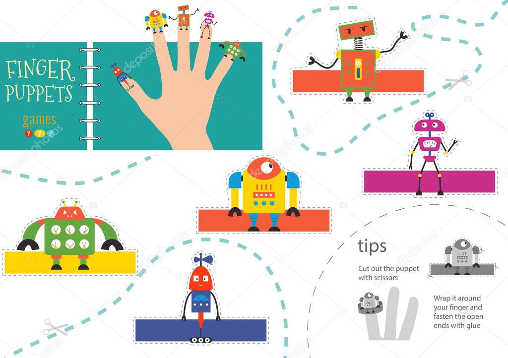 Finger puppet vector robots. Cut and glue educational worksheet for little children. Collection of hand puppets for children show