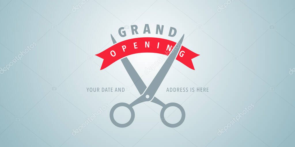 Grand opening vector illustration, background with scissors cutting red ribbon. Template banner for opening ceremony