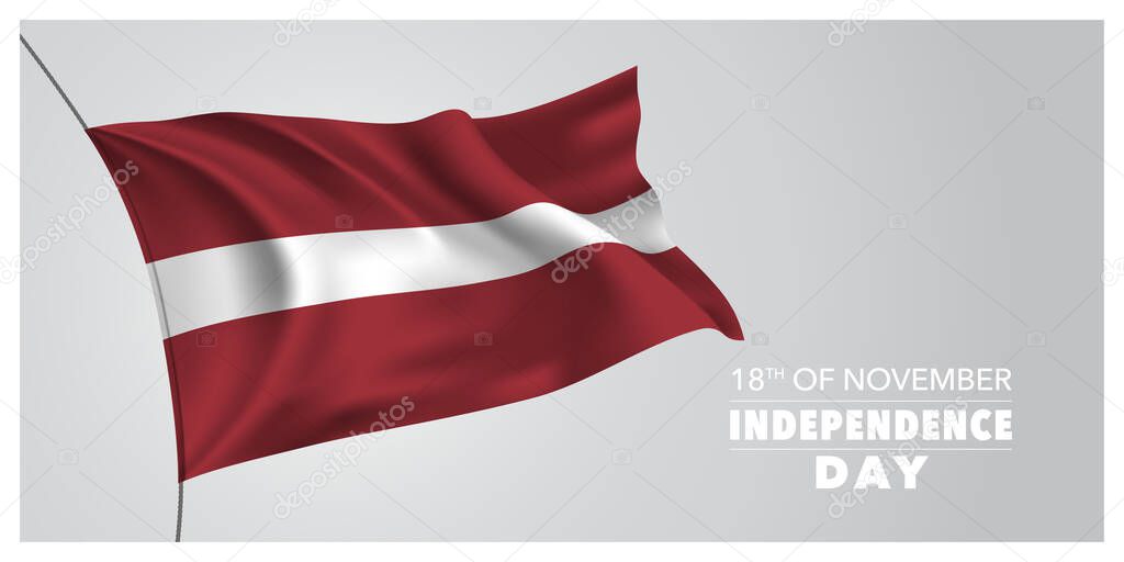 Latvia independence day greeting card, banner, horizontal vector illustration. Latvian holiday 18th of November design element with waving flag as a symbol of independence