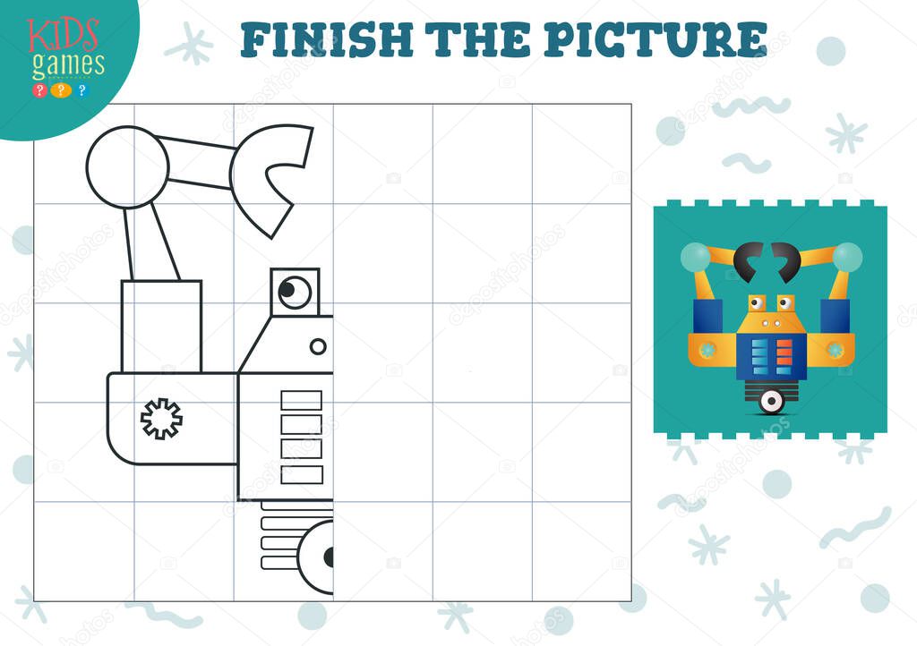 Complete the picture vector illustration. Finish and coloring game for preschool and school kids. Half of futuristic robot  for drawing and early development activity