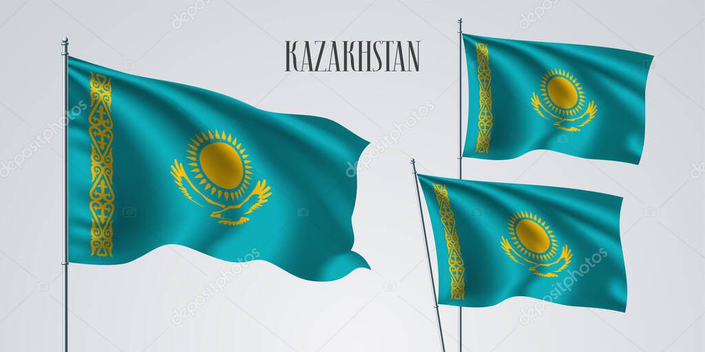 Kazakhstan waving flag set of vector illustration. Yellow blue colors and bird of Kazakhstan wavy realistic flag as a patriotic symbol