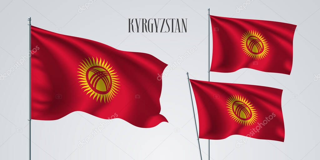 Kyrgyzstan waving flag set of vector illustration. Red yellow colors of Kyrgyzstan wavy realistic flag as a patriotic symbol