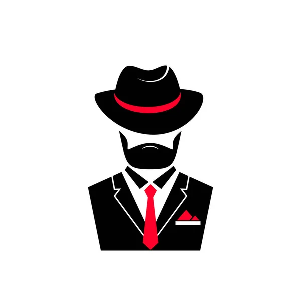 Bearded man in a hat and in a jacket with a tie. Gentleman logo in mafia style for male store, a barber shop