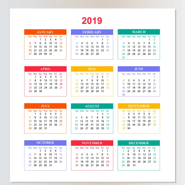 Wall Calendar for 2019 year from Sunday to Saturday
