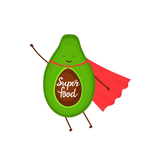 Avocado dressed as a superhero cartoon character. Super food - hand drawn lettering