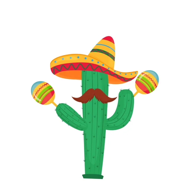 Cinco de Mayo. 5th of May. Funny cartoon cactus with a mustache in a sombrero playing on maracas.