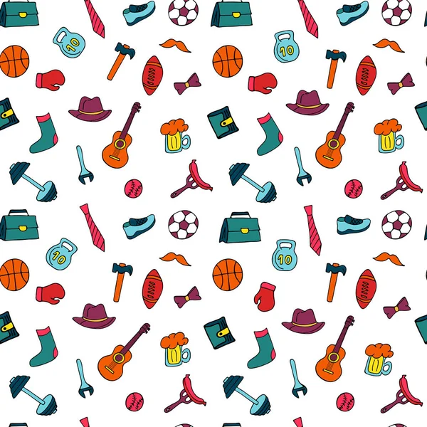 Fathers Day holiday seamless pattern in doodle style. Men s lifestyle, sports equipment, clothes and accessories.