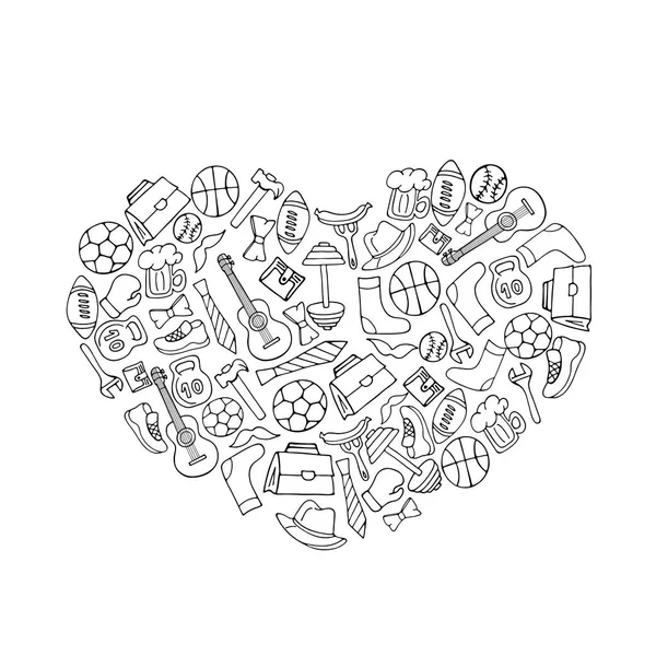 Fathers Day holiday banner in the shape of a heart in doodle style coloring book. Men\'s lifestyle, sports equipment, clothes and accessories.