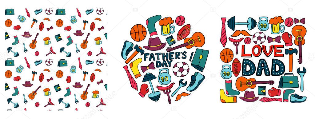 Happy Father's Day. Set of banners in doodle style. Men's lifestyle, sports equipment, clothes and accessories