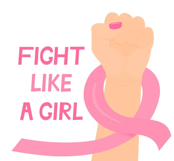 Lucha como una chica. Cinta rosa. Puño levantado para protestar contra el cáncer de mama. Mes de sensibilización de octubre sobre la salud de las mujeres — Vector de stock