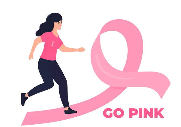 Mujer corriendo maratón en un camino de cinta rosa en apoyo de pacientes de cáncer de mama. Mes de sensibilización de octubre sobre la salud de las mujeres — Vector de stock