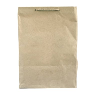 Beyaz arka plan üzerinde kağıt torba geri dönüşüm. Kraft kağıt torba beyaz arka plan üzerinde izole bükülmüş kulplu.