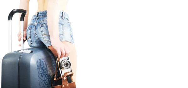 Fille Avec Une Valise Appareil Photo Sur Fond Blanc — Photo