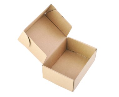 yakın çekim tek karton kutu açık boş izole üzerinde beyaz arka plan, kahverengi parsel karton kutu paket teslimat için.
