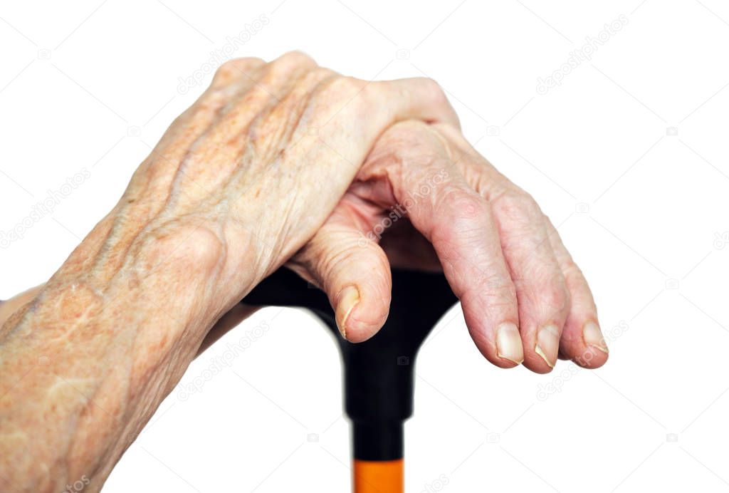 Old man holding stick on white background