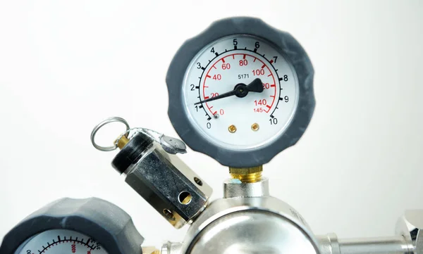 Closeup Manometer Measuring Gas Pressure Pipes Valves Industrial Plant — Stock Photo, Image