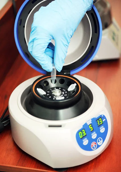 Elevador Plasma Preparação Sangue Para Preparações Injectáveis Cosmetologist Coloca Tubo Imagem De Stock
