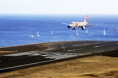 Funchal, Madeira - 12 Ağustos 2018: TAP Portugal Airbus A319-111 Funchal Cristiano Ronaldo Havaalanında yolcu alımı.