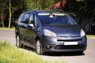 Belarus, Minsk-12 Ekim 2019: Citroen C4 Picasso I EXCLUSIVE Ormandaki bir otoparka park edilmiş, yan görüş.