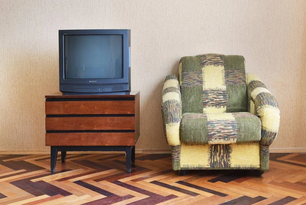 Belarus, Minsk - June 03, 2019Vintage Television on wooden antique closet, old design in a home. Sony trinitron kv-21m3