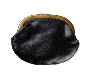 Beyaz arka planda izole edilmiş eski siyah nakit cüzdan. Bir çanta doldur..