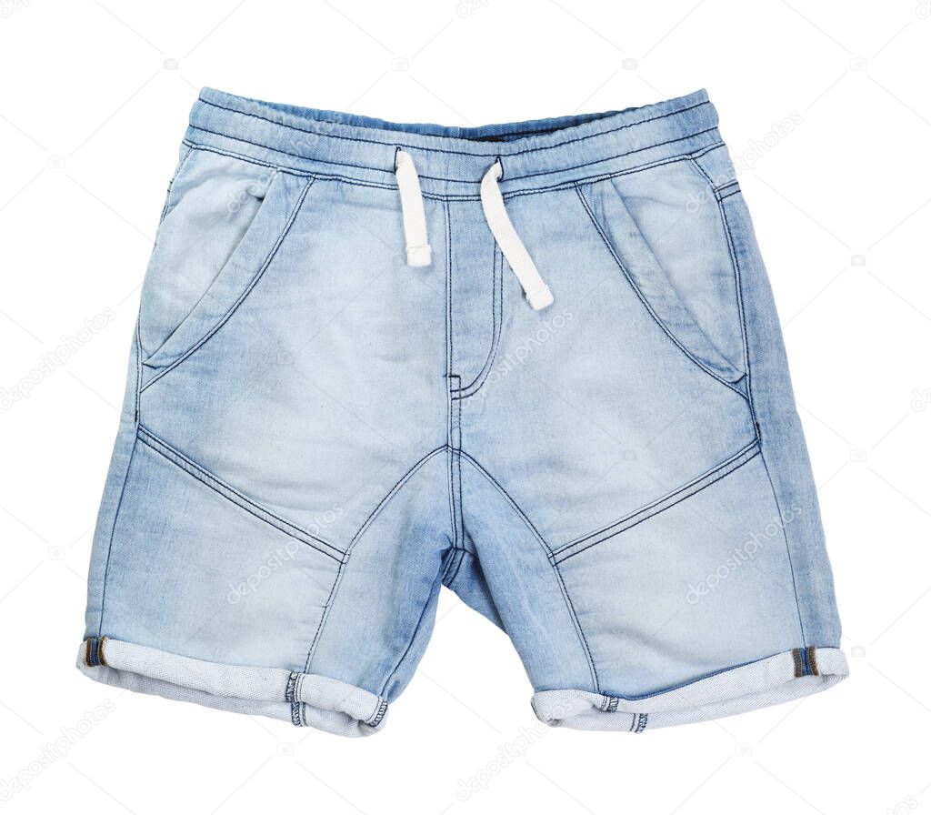 Denim blue shorts with the effect of frayed isolated on a white background.Shorts with elastic waistband and adjustable drawstring. Front pockets and patch back pockets.