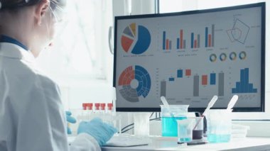 Laboratuvar önlüğü giymiş odaklanmış bir bilim adamı, parlak ve steril bir ortamda gelişmiş bilimsel araştırmaları ön plana çıkaran tüpler ve test tüpleriyle çevrili bir monitördeki karmaşık grafikleri analiz eder..