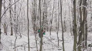 Karla kaplı bir ormanın sakin bir keşfi, kışın dingin güzelliğini ve sessizliğini yakalıyor. Bir birey soğuk ağaçlar ve ayaklarının altındaki yumuşak, tozlu karlar arasında geziniyor.