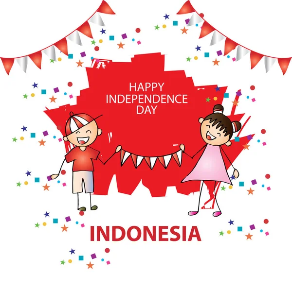 Dia Independência Indonésia Mão Desenho Menino Menina Segurando Bandeira — Fotografia de Stock