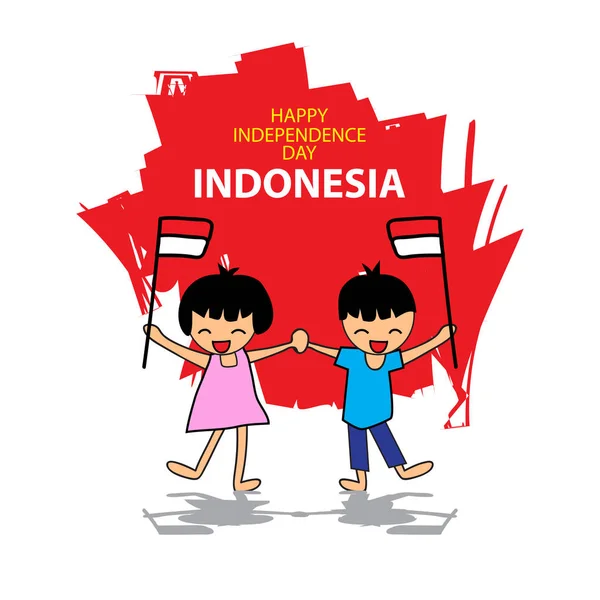 Endonezya Bağımsızlık Günü Çizimi Bayrak Tutan Kız Erkek — Stok fotoğraf