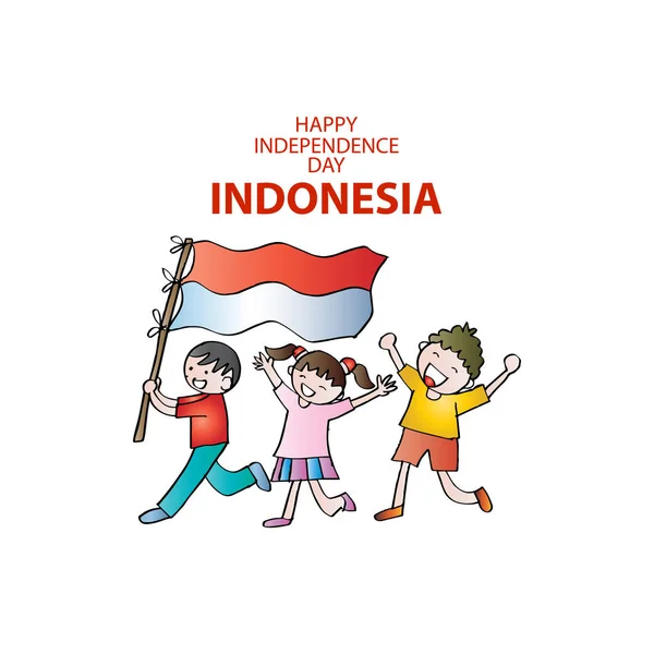 Den Nezávislosti Indonésie Ruční Kresba Chlapec Vlajkou Přátelé — Stock fotografie