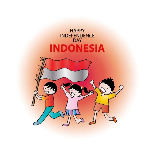 Independence day of Indonesia. Hand drawing boy holding flag and friends.