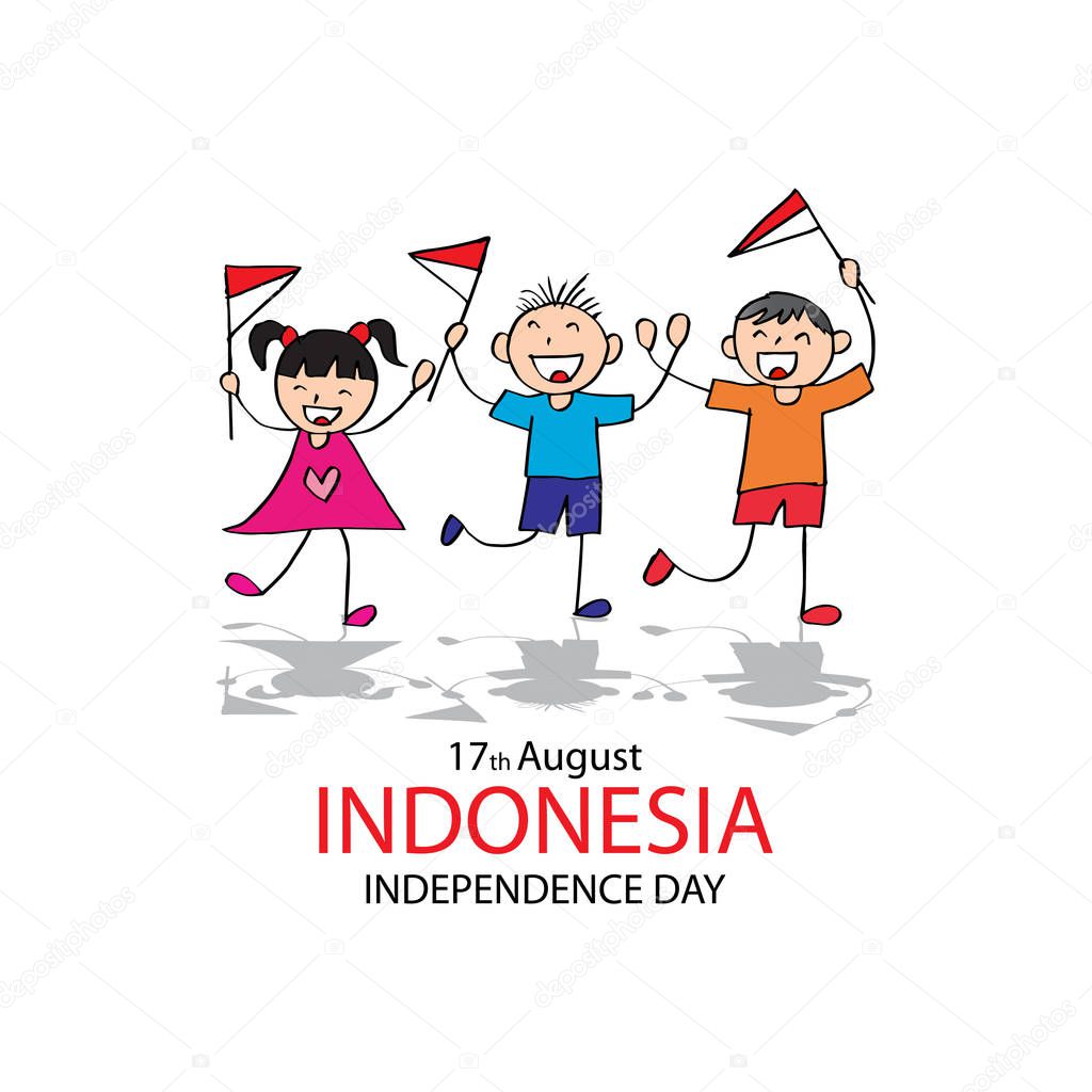 Independence day of Indonesia. Hand drawing boy and girl holding flag