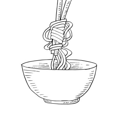 Elle çizilmiş doodle şehriye kase ve yemek çubukları