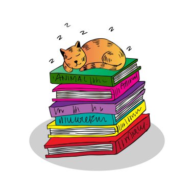 Karikatür şirin kedi hayvan bir kitap yığını üzerinde uyuyor
