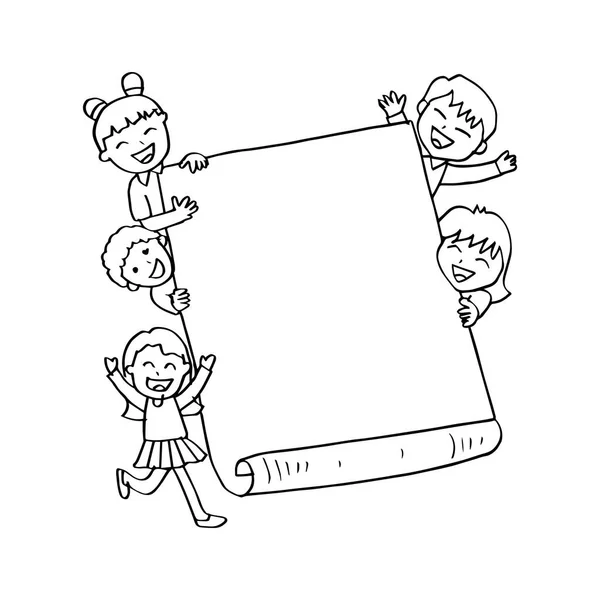 Doodle happy kids holding blank sign