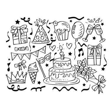 Doğum günü kümesi doodles. Siyah ve beyaz.