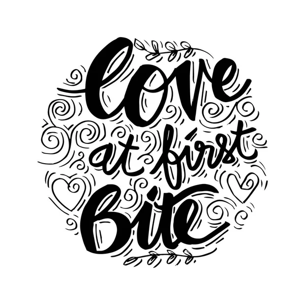 Love at first bite hand lettering on circle background.