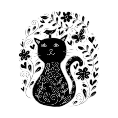 Doodle çiçekler oturan kedi.