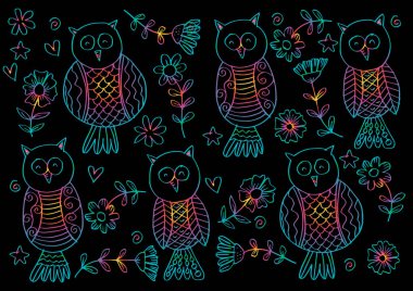 Baykuş desen arka plan. El çizim şekil.