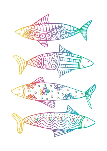 Dekoratif Süsleme Ile Dört Balık — Stok Vektör
