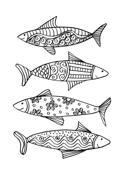 Quatro Peixes Com Ornamento Decorativo — Vetor de Stock
