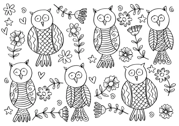Owl Pattern Background Hand Drawing Illustration — Stock Vector
