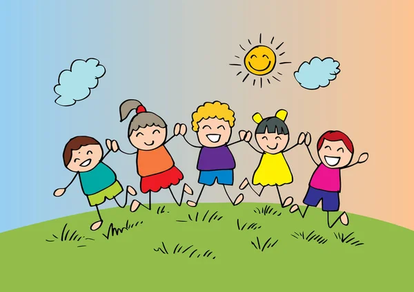 Cartoon Happy Kids Playing Together — Stock Vector