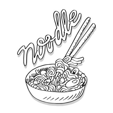 Elle çizilmiş doodle şehriye kase ve yemek çubukları