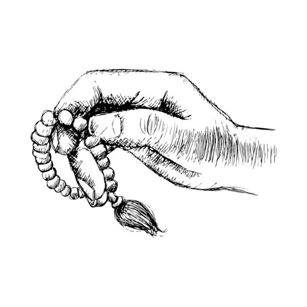 Händer Som Innehar Muslimsk Rosenkrans Hand Ritning Illustration — Stock vektor