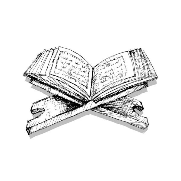 Quran Een Houten Boek Stand Hand Tekening Illustratie — Stockvector